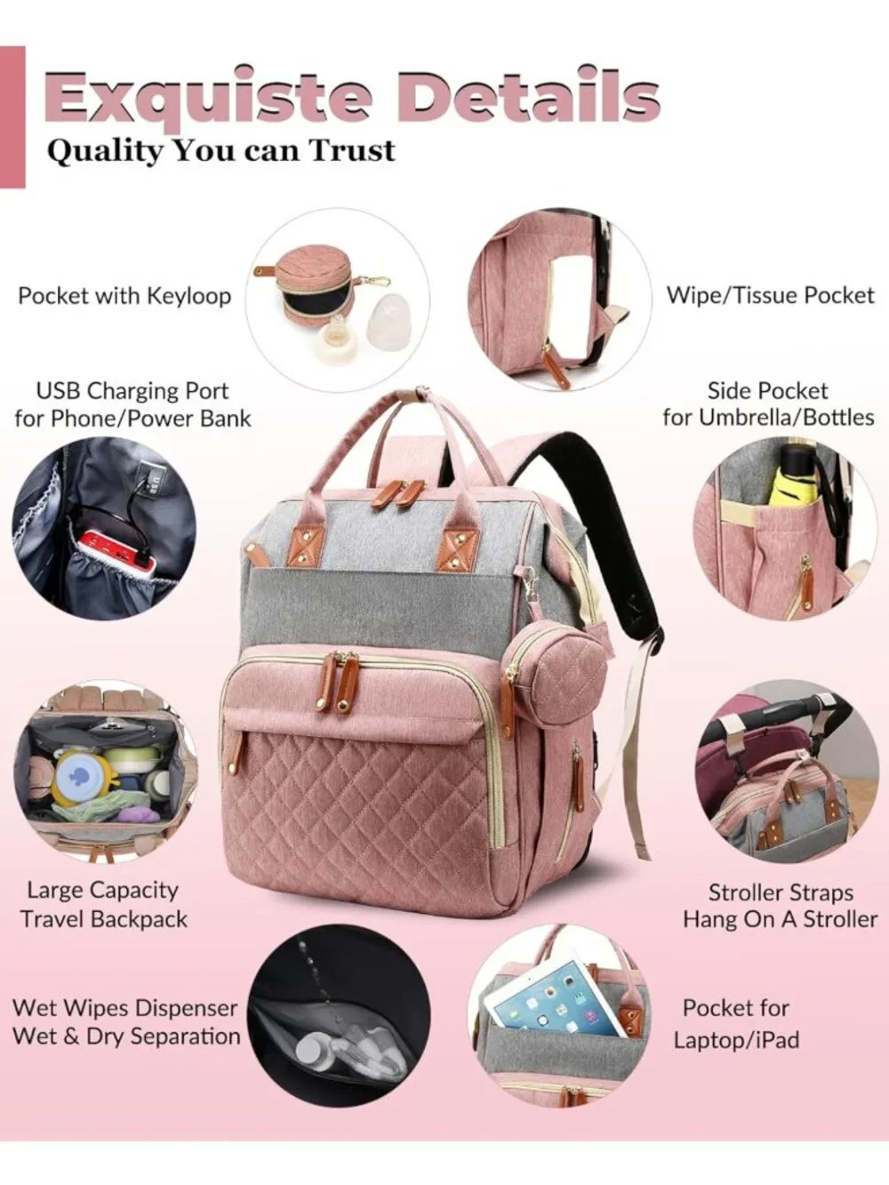 Stylish Diaper Bag Backpack with Changing Station, Waterproof, 18 Pockets, USB